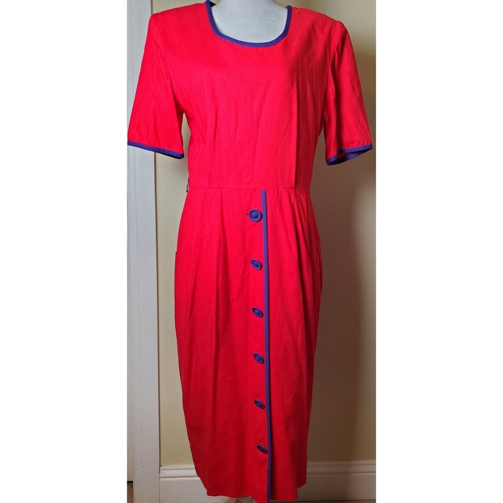 Vintage Julian Taylor New York Purple Red‎ Hat Society Midi Linen Dress Grandma